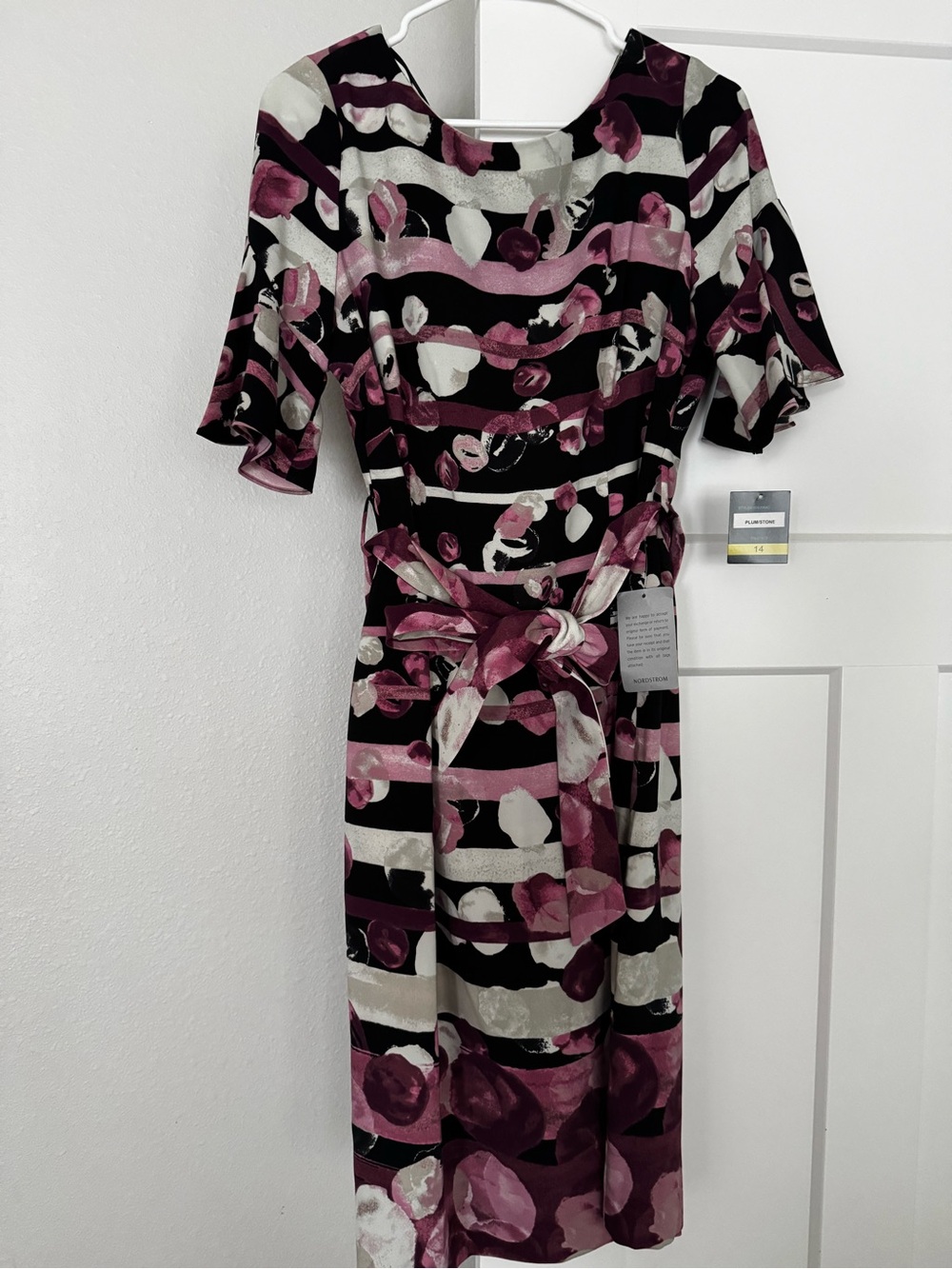 Gabby Skye Black and Pink Floral Stripe Tie-Waist Midi Dress